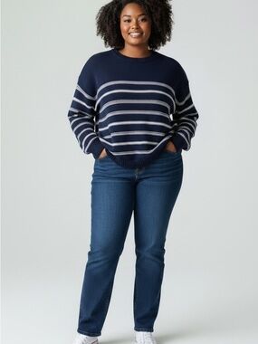 Ella Moss NWOT Navy Ribbed Knit Sweater w White Accents, 100% Cotton
